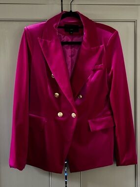 Fuchsia Double-Breasted Satin Blazer with Gold Buttons